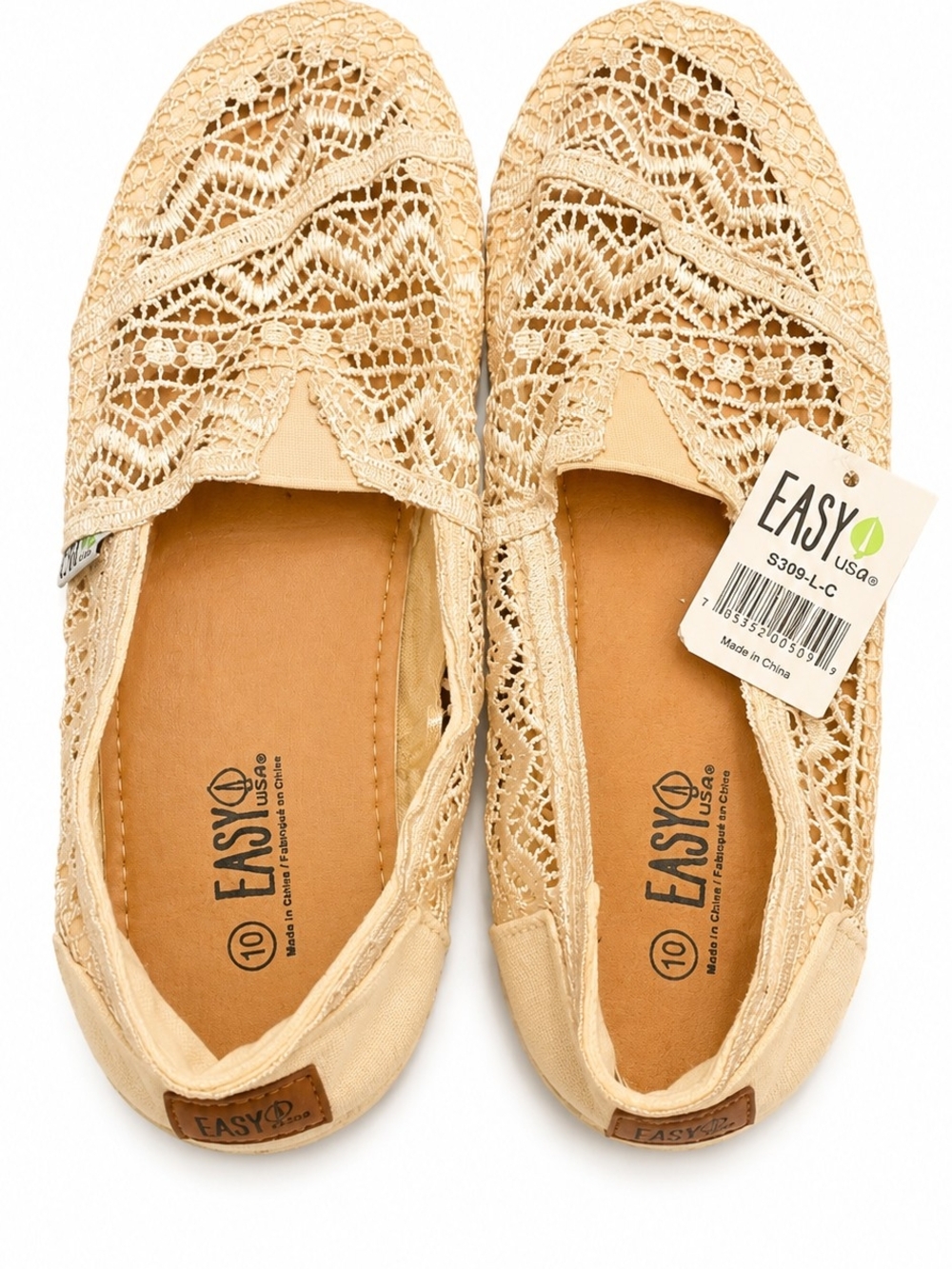 Easy USA Women's Beige Crochet Slip-On Flats